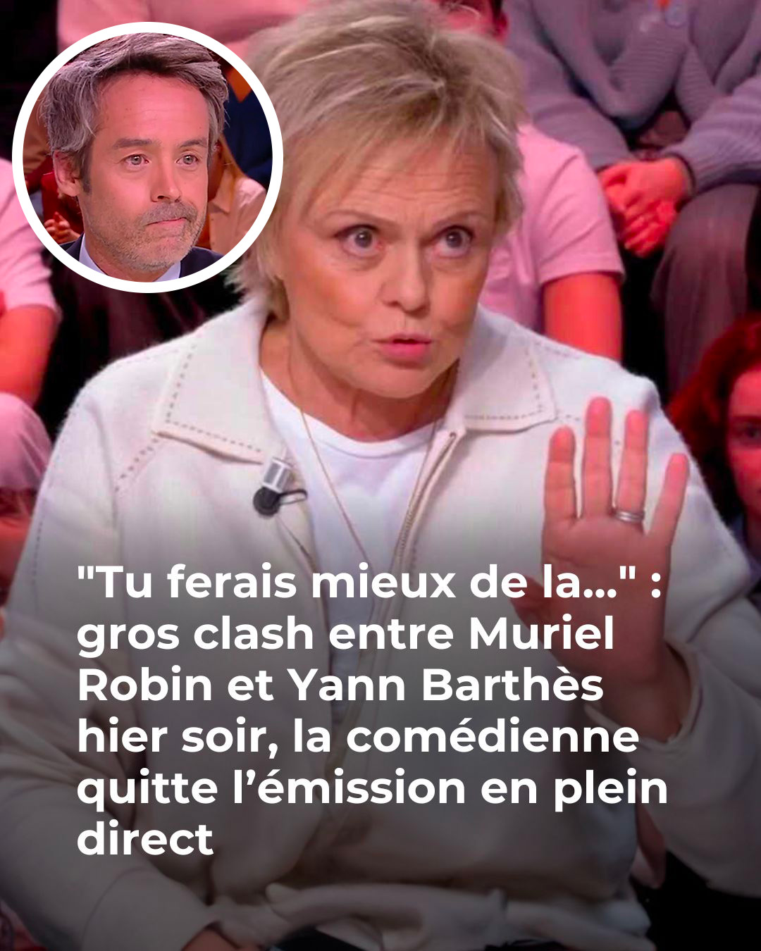 Certains invités peuvent être déroutants à interviewer. Yann Barthès en a fait l’expérience jeudi 8 janvier 2026 dans Quotidien, quand Muriel Robin a totalement changé de sujet pour questionner le présentateur.  La série Master Crimes faicot son retour sur TF1 jeudi 8 janvier 2026 pour une troisième saison. Elle met en scène une psycho-criminologiste incarnée par Muriel Robin, qui résout des crimes accompagnée de ses jeunes assistants et grâce à des méthodes peu orthodoxes. La comédienne de 70 ans est venue en faire la promotion le soir-même dans Quotidien, accompagnée des autres membres du casting : Thaïs Vauquières, Nordine Ganso, Ayumi Roux et Mikaël Mittelstadt.  Tous ont salué tour à tour l’humour, le professionnalisme ou la source d’inspiration que constitue Muriel Robin. Connue pour sa liberté de ton, l’actrice n’a cependant pas mis longtemps avant de détourner la conversation sur un sujet tout autre que la série ou ses acteurs, mettant Yann Barthès quelque peu mal à l’aise. En posant une question assez anodine, elle a exposé un détail de la réalisation de l’émission et des astuces du présentateur.