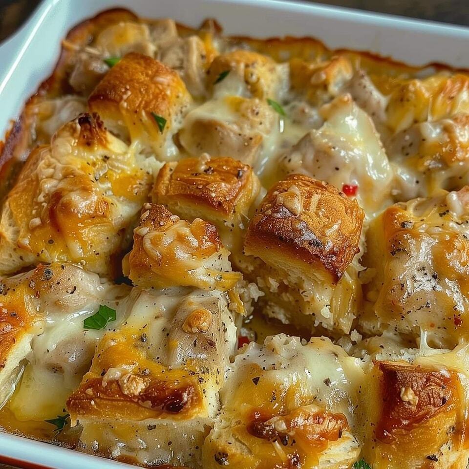 Casserole de poulet, biscuits et bulles