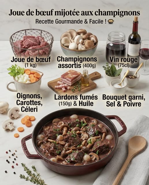 Joue de bœuf mijotée aux champignons Ce plat authentique et réconfortant associe la tendreté exceptionnelle de la joue de bœuf à une sauce riche au vin rouge sublimée par des champignons. • Temps de préparation : 30 minutes • Temps de cuisson : 180 minutes • Difficulté : Facile • Portions : 4 à 6 personnes