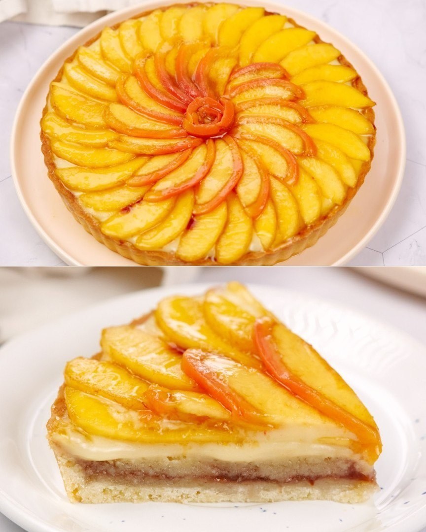 Tarte aux pêches et aux amandes avec un cœur de framboises : un dessert de maître pâtissier