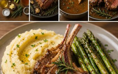 Carré d’Agneau Sauce Romarin, Purée Maison & Asperges Rôties