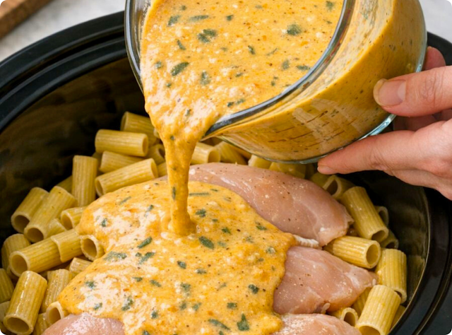 Rigatoni crémeux au poulet et à la courge butternut cuits à la mijoteuse