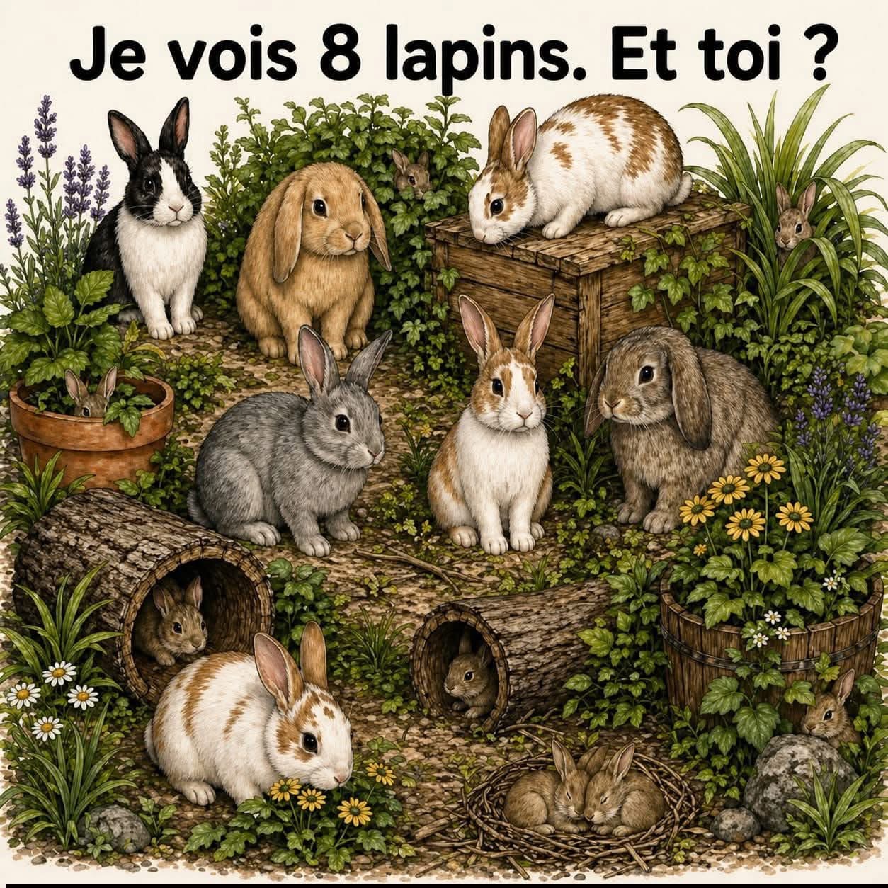 🐰 Défi visuel : Combien de lapins peux-tu vraiment voir ? On pourrait penser qu’il n’y a que 8 lapins, comme indiqué… mais en regardant de plus près, l’image cache plusieurs petits lapins dissimulés dans le décor 🌿Clic le lien 🔗 pour solution…