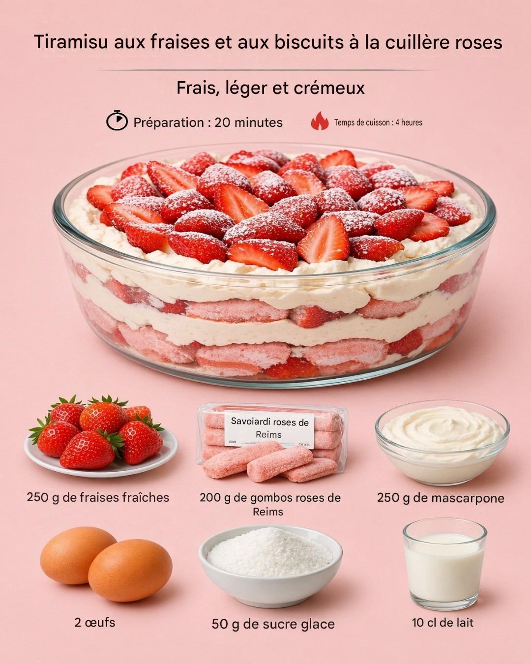 🍓 Tiramisu aux fraises et biscuits à la cuillère roses : un dessert frais et raffiné