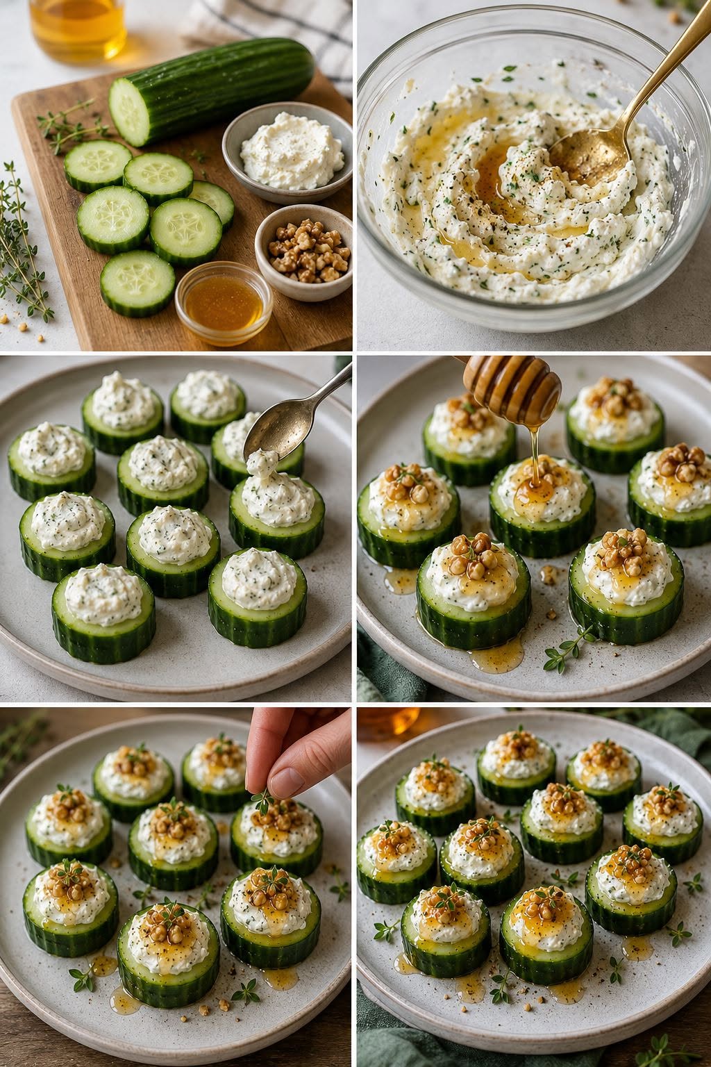 Bouchées de concombre au chèvre frais, miel et noix