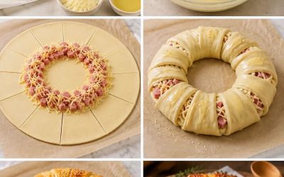 Couronne feuilletée au jambon et mozzarella (tranche, fromage filant, salade de feuilles)