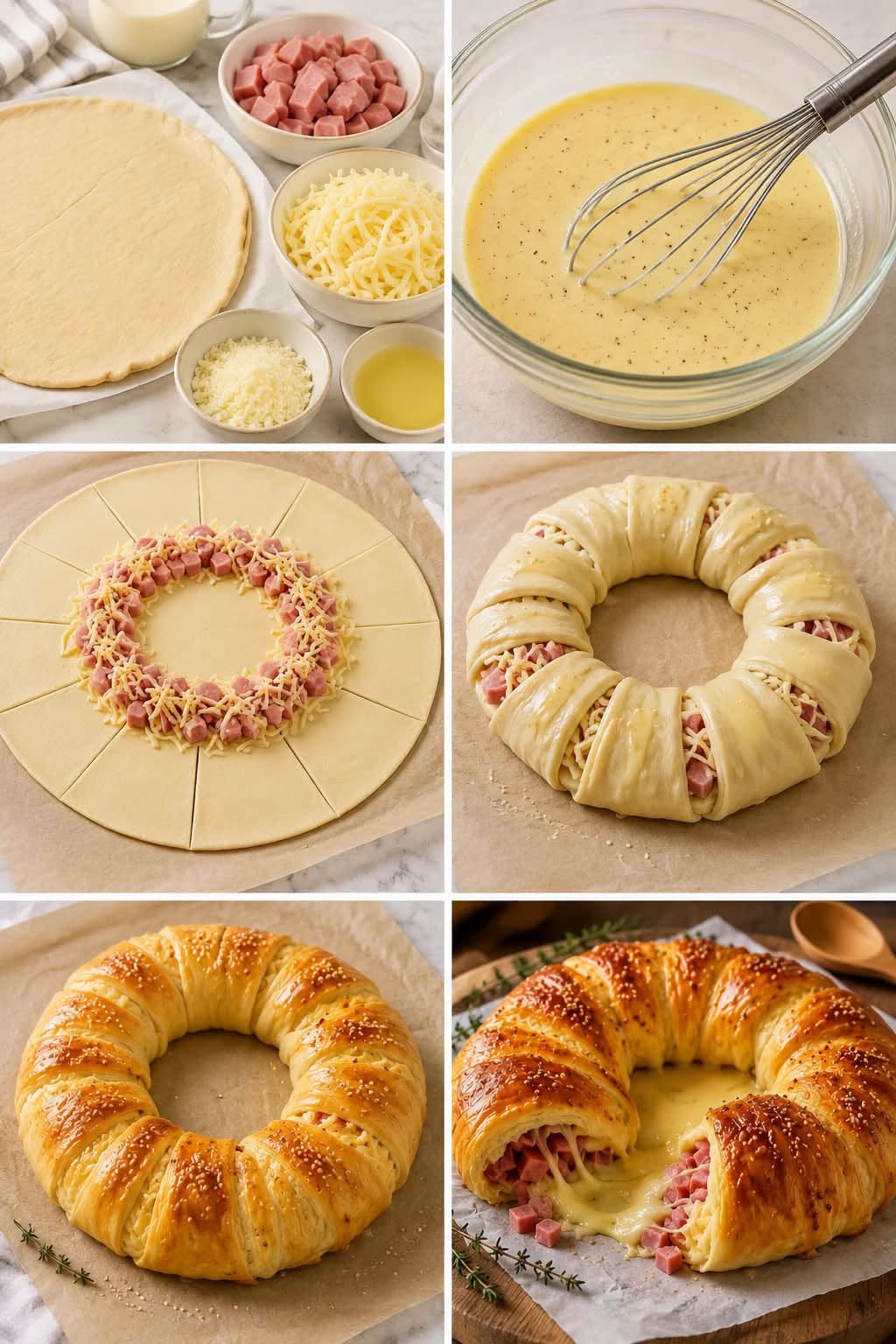 Couronne feuilletée au jambon et mozzarella (tranche, fromage filant, salade de feuilles)