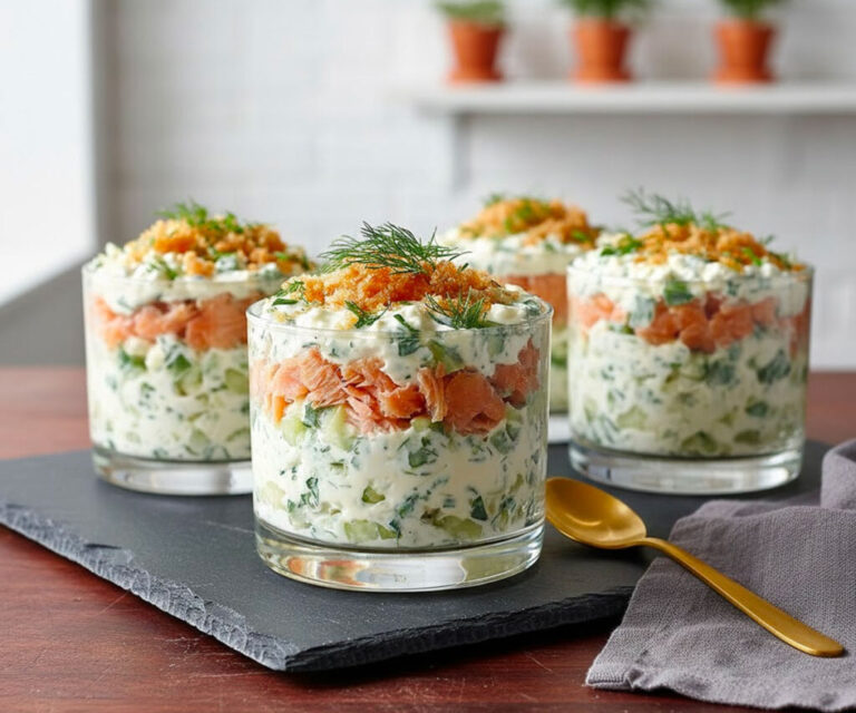 Verrines au saumon fumé, concombre et crème d’aneth🐟